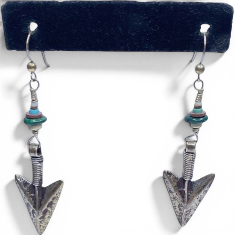 Southwestern Arrowhead Dangle Earrings Silver Tone Heishi Bead Boho Tribal Drop